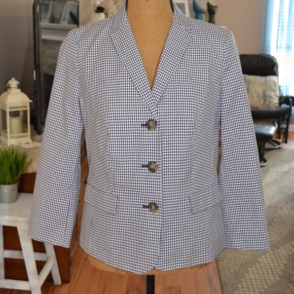 Talbot's NEW Blue white Gingham Houndstooth Career Preppy Lined cotton blazer, 6 - Picture 3 of 11